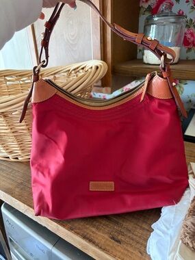 Dooney and Bourke Red Shoulder Bag with Tan Leather Accents by